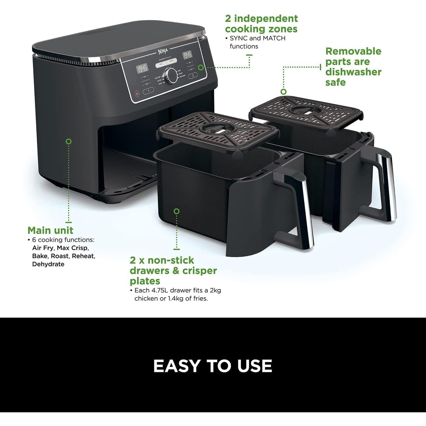 Buy Ninja,Ninja Foodi MAX Dual Zone Digital Air Fryer, 2 Drawers, 9.5L, 6-in-1, Uses No Oil, Max Crisp, Roast, Bake, Reheat, Dehydrate, Cook 8 Portions, Non-Stick Dishwasher Safe Baskets, Black AF400UK - Gadcet UK | UK | London | Scotland | Wales| Near Me | Cheap | Pay In 3 | Kitchen Appliances